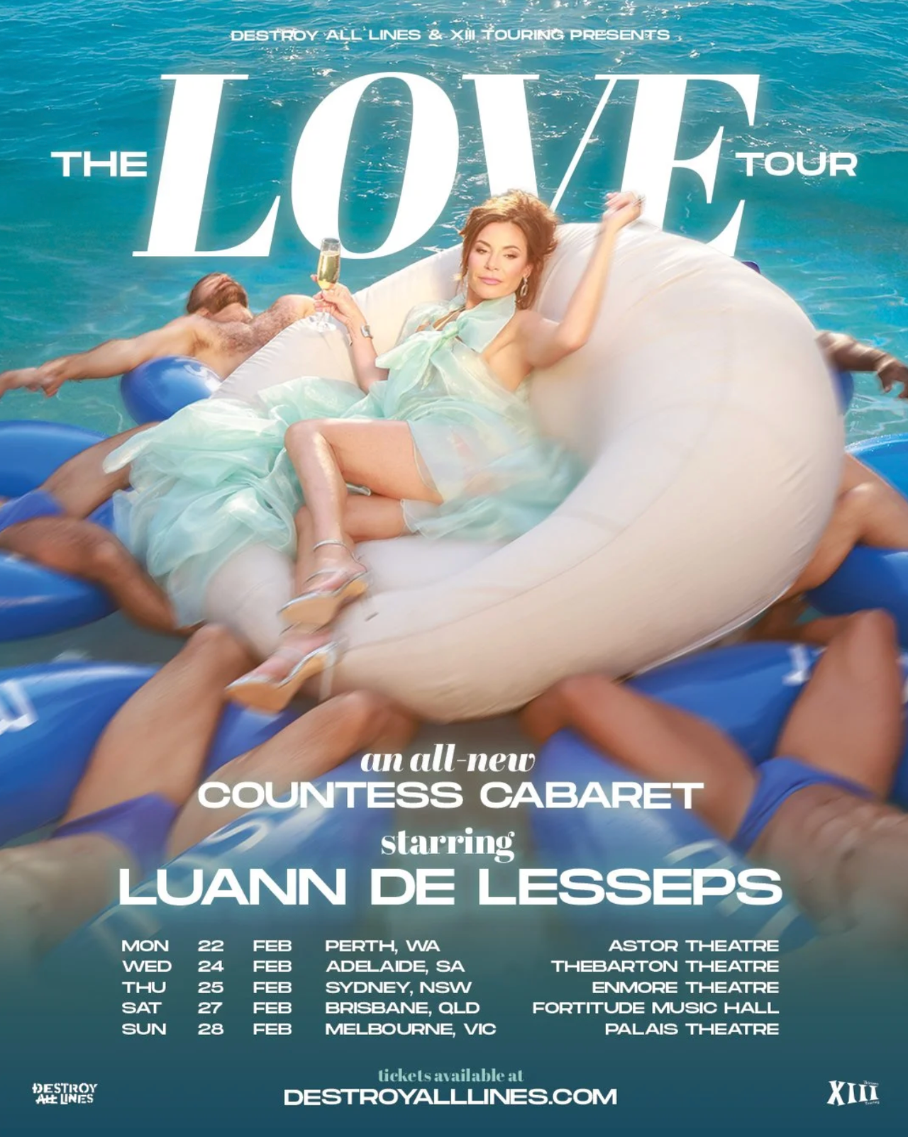 Countess Luann de Lesseps Love Tour poster featuring Luann in a pool float holding champagne, surrounded by men, with Australian show dates below.